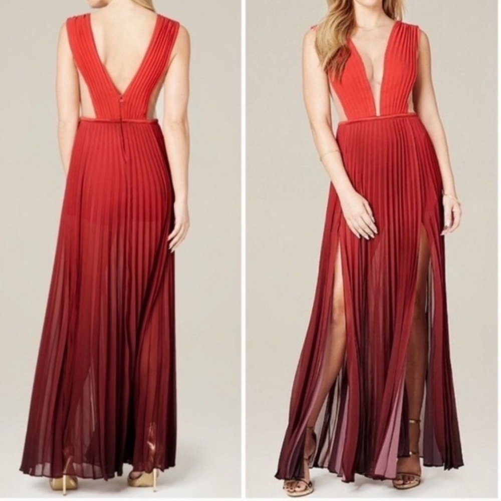 Bebe red ombre pleated double split illusion bodice formal evening gown
